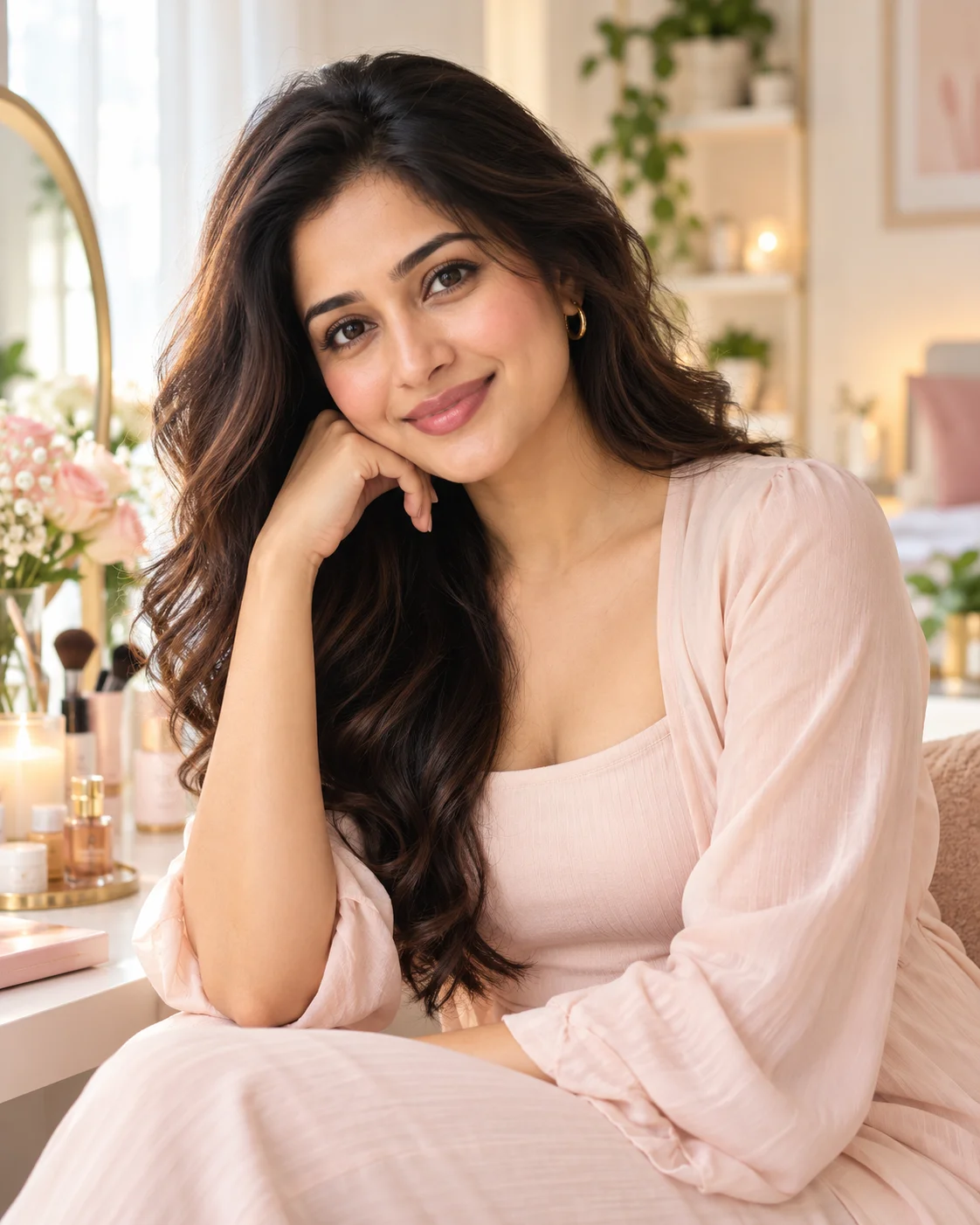 Woman with long dark hair in a blush pink outfit seated at a sunlit vanity
