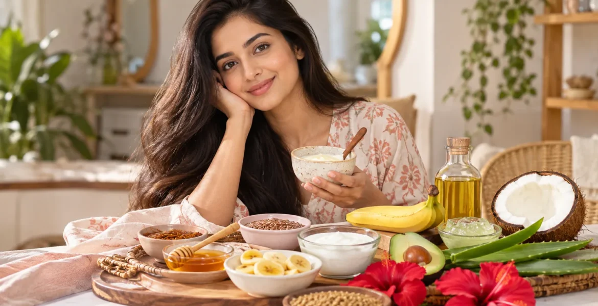 WomenSutra virtual beauty host Anaya with homemade hair mask ingredients including banana, curd, coconut oil and hibiscus