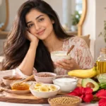 WomenSutra virtual beauty host Anaya with homemade hair mask ingredients including banana, curd, coconut oil and hibiscus