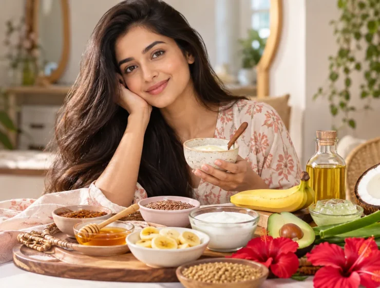 WomenSutra virtual beauty host Anaya with homemade hair mask ingredients including banana, curd, coconut oil and hibiscus