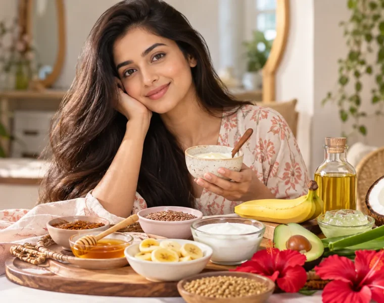 WomenSutra virtual beauty host Anaya with homemade hair mask ingredients including banana, curd, coconut oil and hibiscus