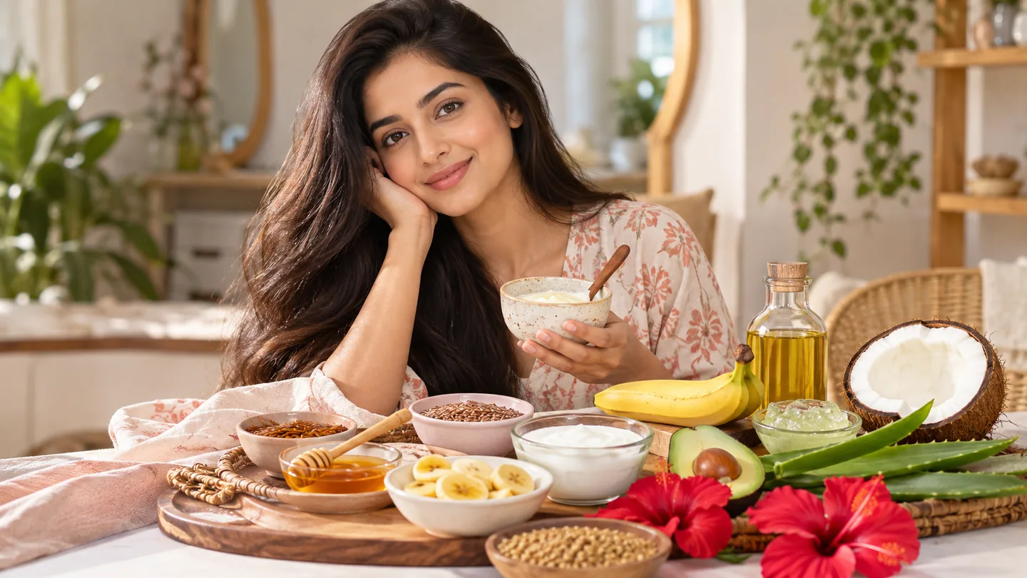 WomenSutra virtual beauty host Anaya with homemade hair mask ingredients including banana, curd, coconut oil and hibiscus