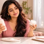 WomenSutra virtual host Anaya comparing a lotion bottle and moisturizer cream jar