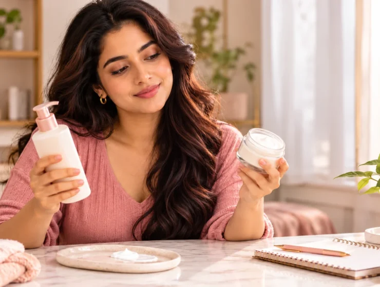 WomenSutra virtual host Anaya comparing a lotion bottle and moisturizer cream jar