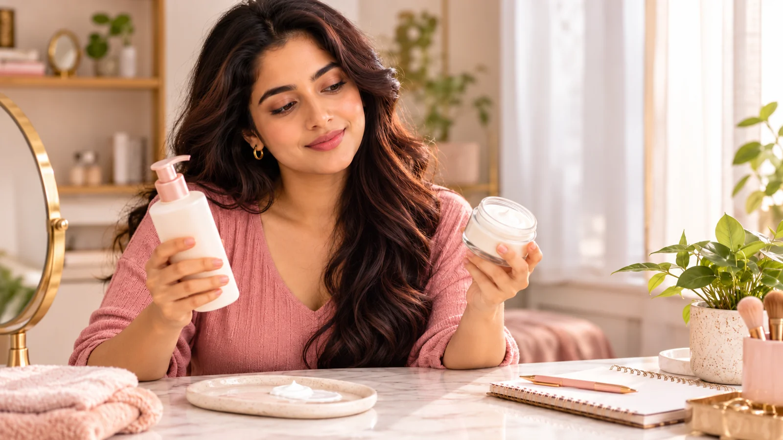 WomenSutra virtual host Anaya comparing a lotion bottle and moisturizer cream jar