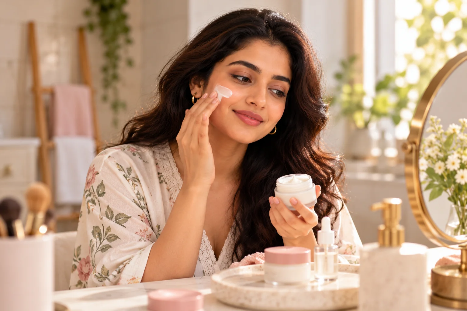 WomenSutra virtual beauty host Anaya gently applying moisturizer to her cheek