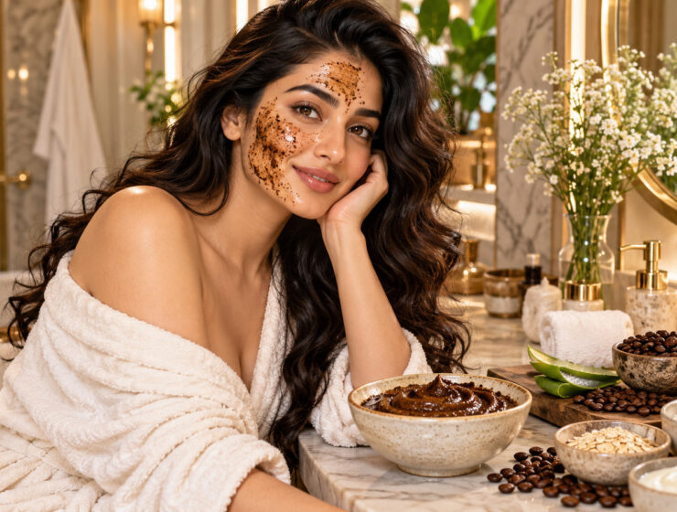 Anaya preparing a homemade coffee face mask at a warm indoor vanity