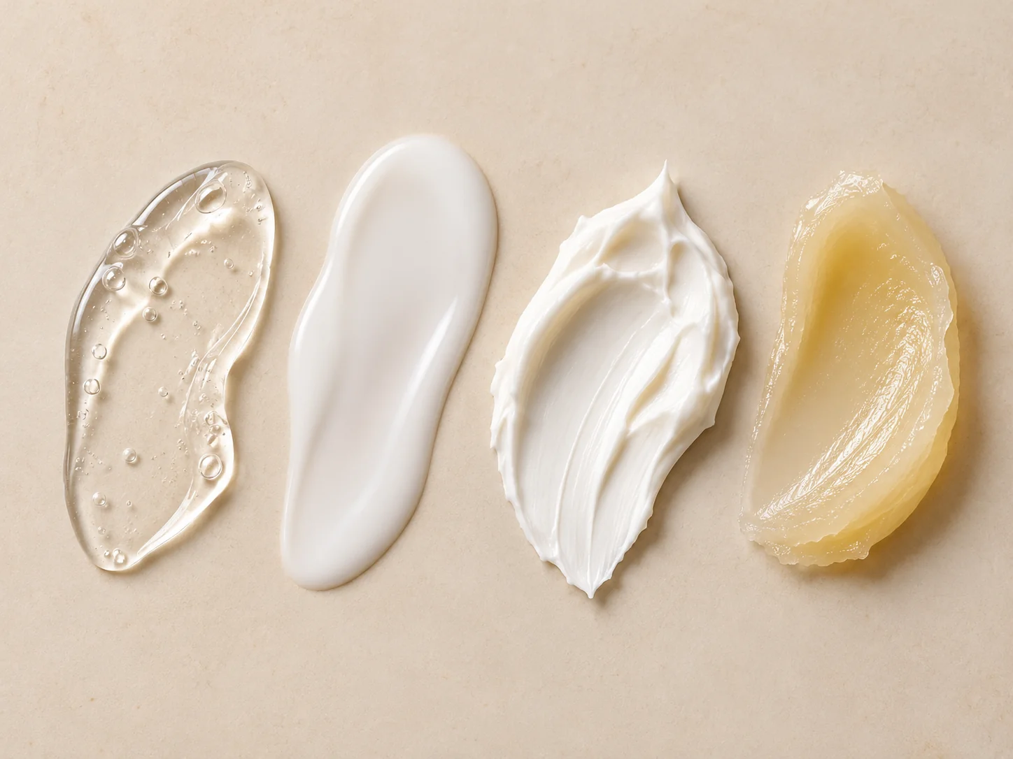 Four skincare textures arranged side by side: clear gel, fluid lotion, rich cream and translucent ointment
