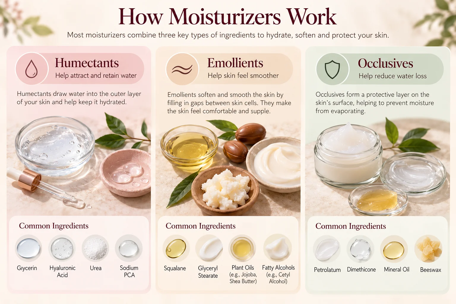 How humectants, emollients and occlusives help skin retain moisture, feel smoother and reduce water loss
