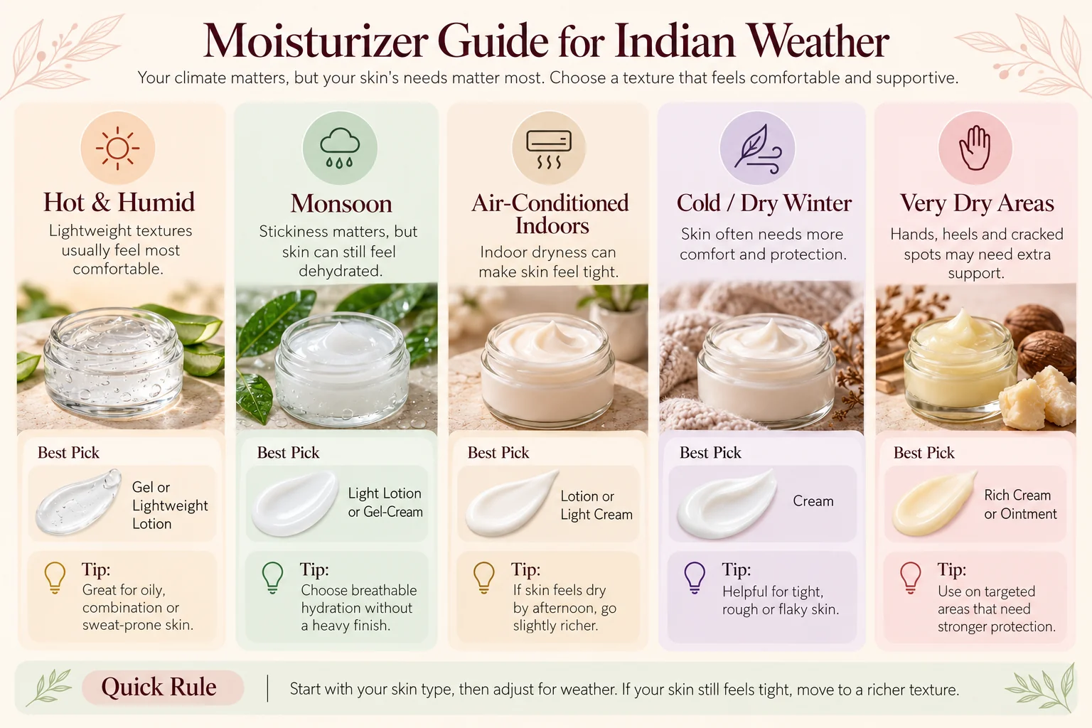 Visual guide to choosing moisturizers during Indian summer, monsoon, indoor air-conditioning and dry winters