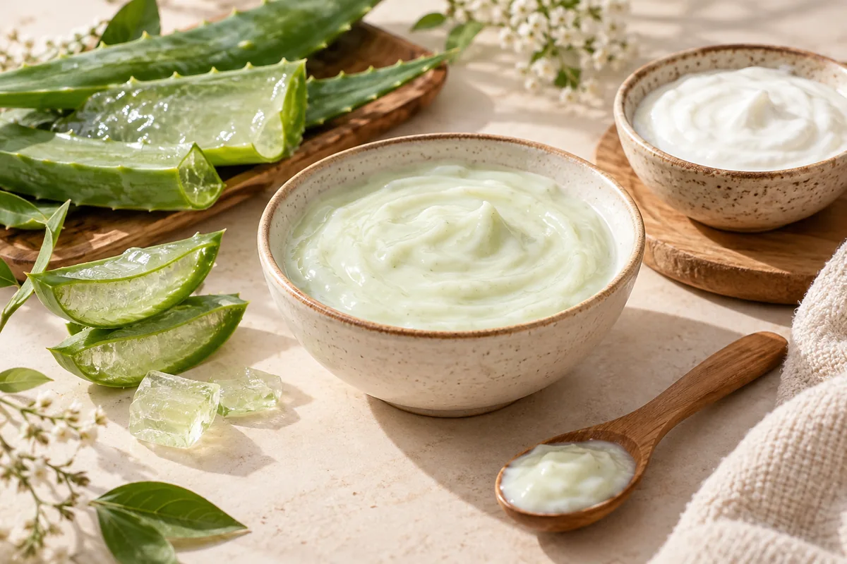 Aloe vera and curd hair mask in a bowl with sliced aloe leaves and plain yogurt