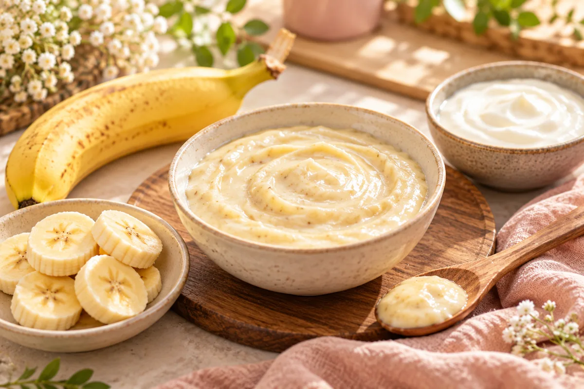 Smooth banana and curd hair mask in a ceramic bowl beside fresh bananas and plain curd