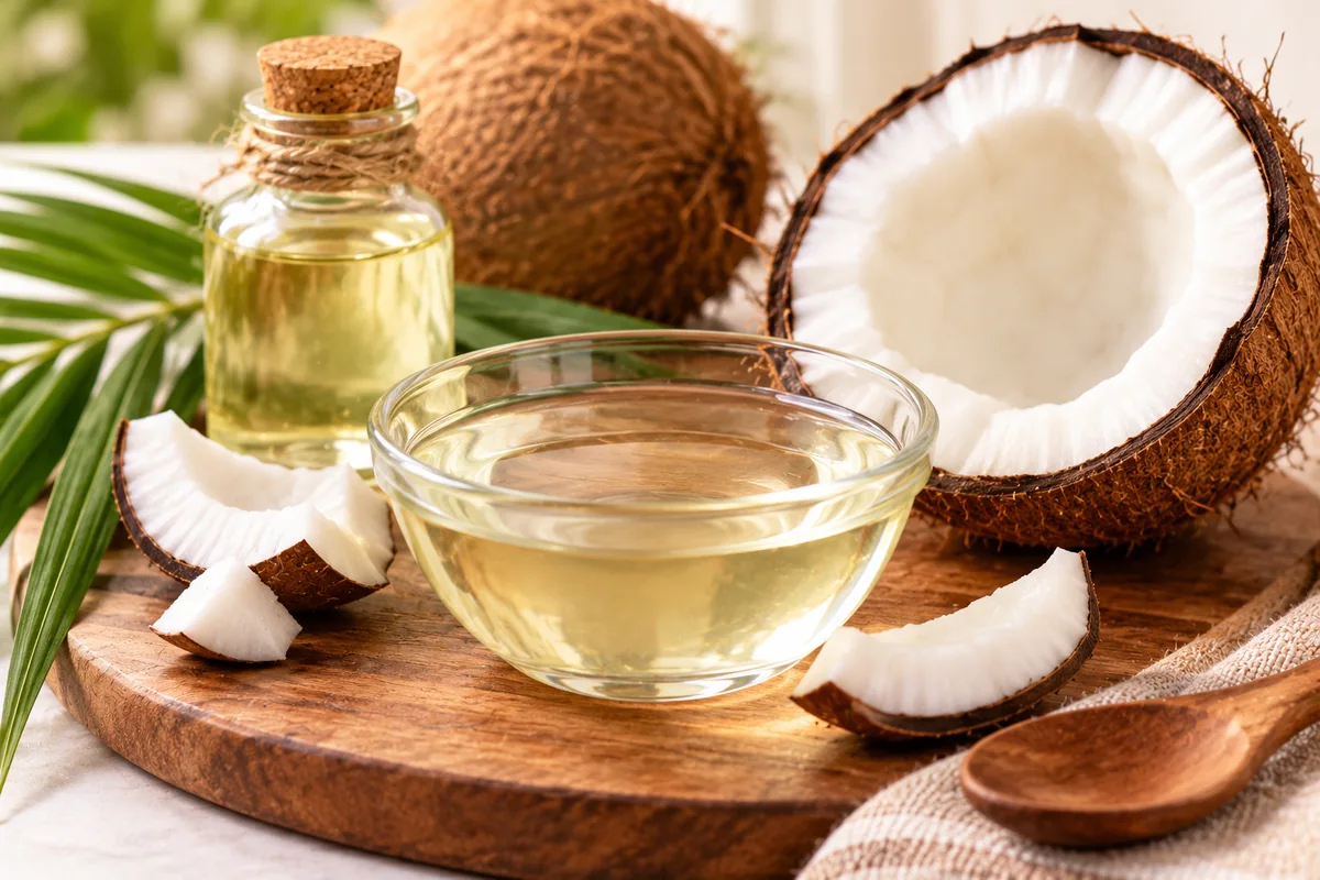 Bowl of coconut oil with fresh coconut halves and a small bottle of oil for a pre-wash hair treatment