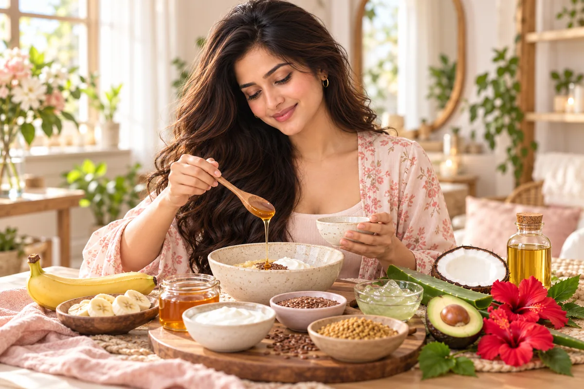 Anaya preparing a DIY hair mask with banana, curd, honey, coconut oil, aloe vera and other natural ingredients
