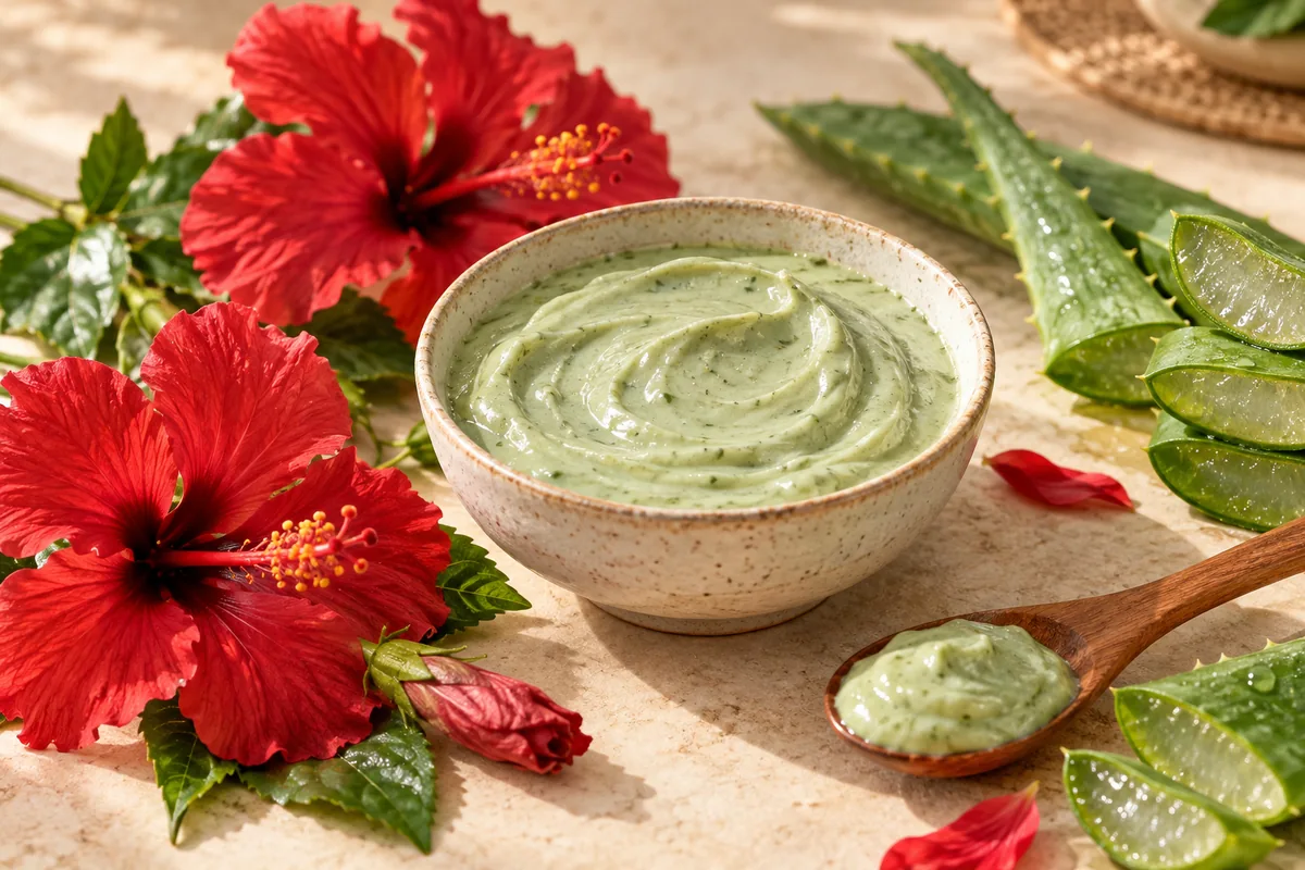 Bowl of homemade hibiscus and aloe vera hair mask surrounded by red hibiscus flowers and cut aloe leaves