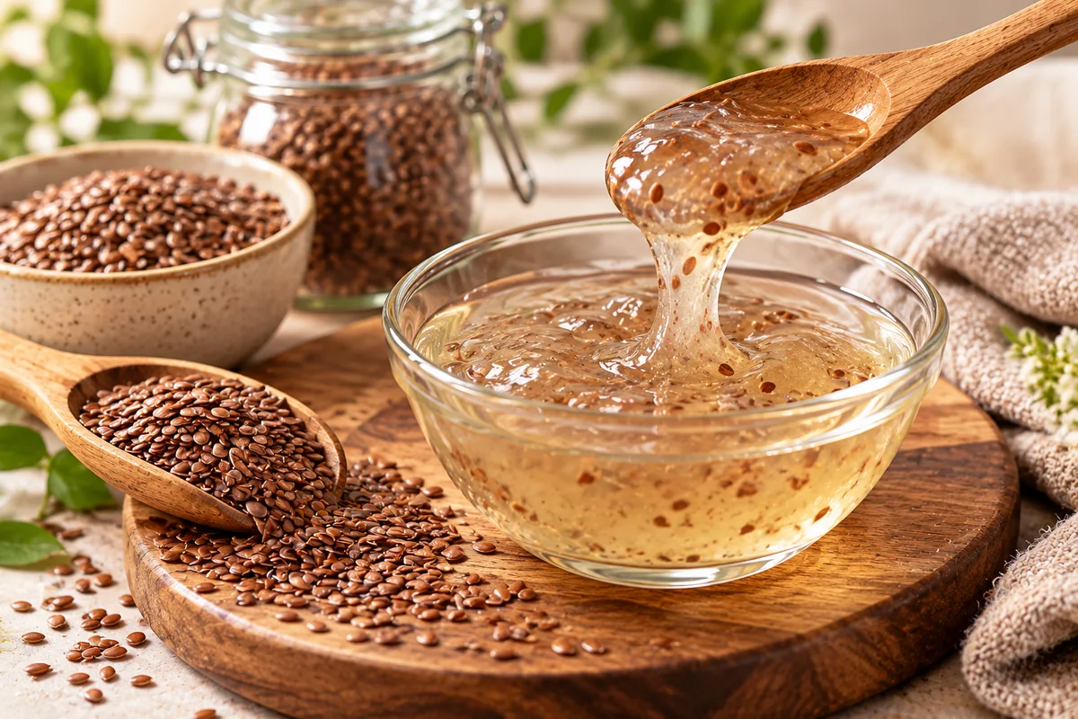 Flaxseed gel being lifted with a wooden spoon, with flaxseeds nearby before straining